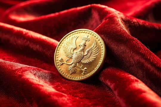 Golden Rouble Coin on Rich Red Velvet, Wealth and Finance Concept