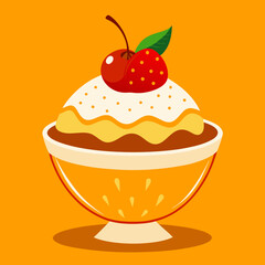 Creamy dessert topped with cherry and strawberry for Sunday treat