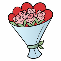 Valentine’s Day bouquet with roses and hearts in black outline style