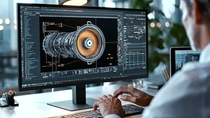 3D CAD Software with Prototype Jet Engine at Modern Workspace