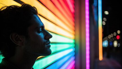 Obraz premium A captivating image showing half of the face enshrouded in deep shadow evoking a sense of contemplation while the bright side bursts with multicolored neon light radiating energy