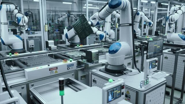High-Tech Microelectronics Manufacturing: Robotic Arms Assembling Circuit Boards on a Modern Production Line. Factory Floor is Automated. Robotic Arms Performing Mechanical Tasks with PCB Components