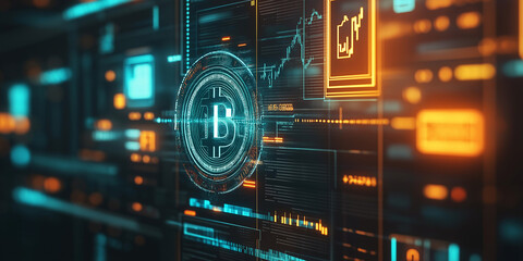 Obraz premium Cryptocurrency market analysis bitcoin trends and data visualization digital finance sector futuristic environment analytical viewpoint blockchain insights