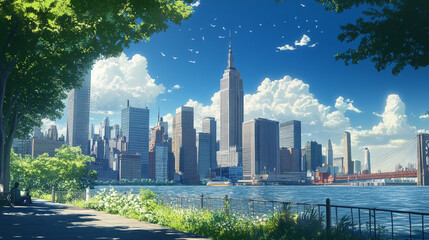 Fototapeta premium Vibrant city skyline view with a river and lush greenery in bright daylight