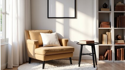 Beige armchair with sleek black legs rests on a plush white shag rug, adorned by a crisp white pillow. Positioned before a pristine white backdrop, it gazes towards the bottom left
