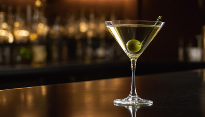 Classic martini with green olive in a sleek glass on a black bar