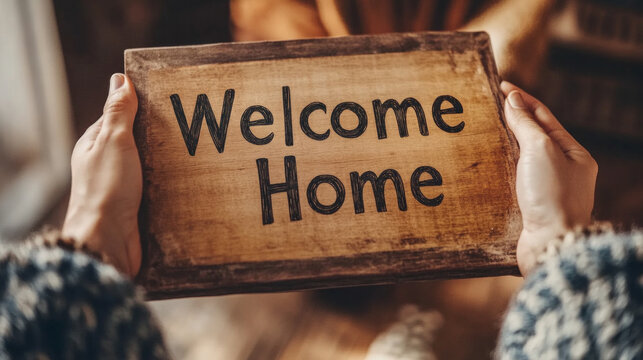 Hands holding a wooden welcome home sign in a cozy indoor setting during a warm gathering