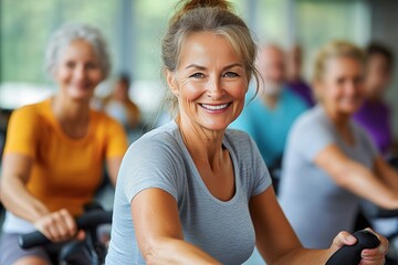 Obraz premium Aktive Senioren bei Fitnessübungen und Gruppenaktivitäten im Fitnessstudio