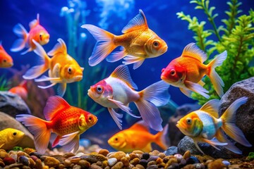 Fototapeta premium Goldfish & Colorful Fish in Aquarium, Underwater Scene, Blue Background, Rocks, Pet Fish
