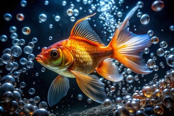 Fototapeta premium Goldfish Aquarium Bubbles: Close-Up Aerial View of Rising Air Bubbles Creating Water Surface Ripples and Waves in Low Light