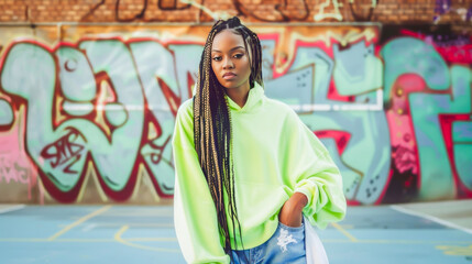 Stylish afro american young woman with long braids in neon hoodie, standing on graffiti-covered basketball court. Concept of urban self-expression, individuality, and celebrating diverse street style