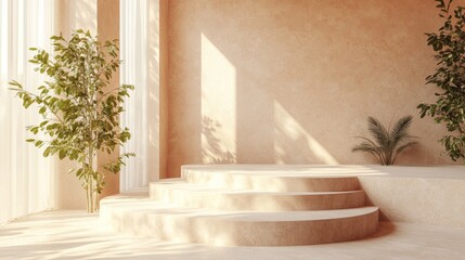 Sunlit Minimalist Room with Beige Terracotta Podium and Plants