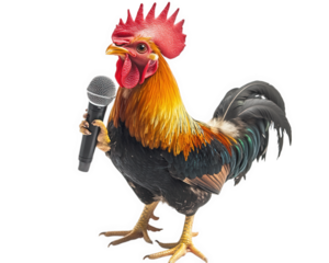 rooster holding microphone, ready to perform on stage, showcasing vibrant feathers and confident stance. This unique image captures playful spirit of singing bird