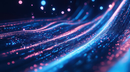 Glowing neon particles form dynamic wave pattern on dark background