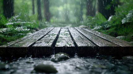 Naklejka premium A serene wooden path through lush greenery, rain gently falling, creating a tranquil atmosphere in a forest setting.