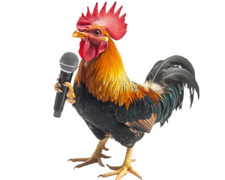 rooster holding microphone, ready to perform on stage, showcasing vibrant feathers and confident stance. This unique image captures playful spirit of singing bird