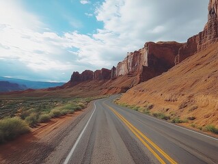 Desert highway winding through red rock canyon under a partly cloudy sky