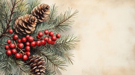A retro postcard with pine branches and cones