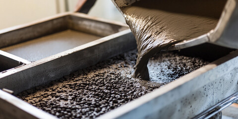 Pouring fresh concrete into a mold at a construction site