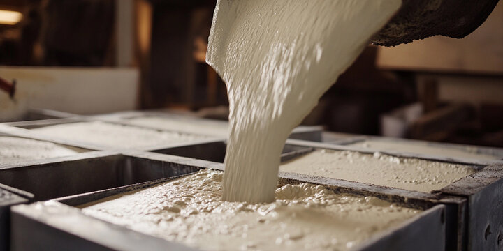 Fresh cream being poured into molds at a dairy farm
