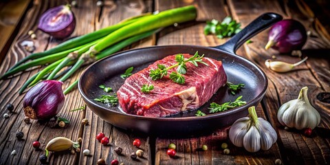 Fototapeta premium Gourmet Marbled Beef Steak Sizzling in Pan with Eggplant & Garlic - Natural Protein Source