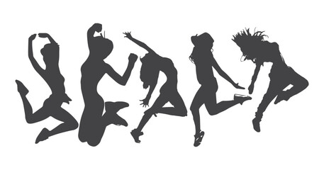 Dance icon girl jumping Children dancing street dance silhouette vector illustration. Group people dancing silhouette set. Figure happy active young men and women simple cartoon collection