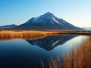 Mountain reflection in calm lake at sunrise, serene landscape, nature wallpaper
