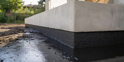 Concrete foundation with waterlogged edge in construction site