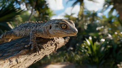 Obraz premium Gecko Crawling on Branch in Tropical Environment