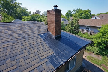 Roof repair process near a residential area during summer