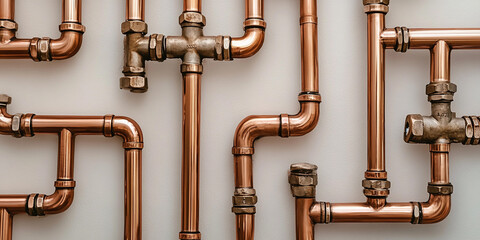 Copper plumbing system arranged on a wall
