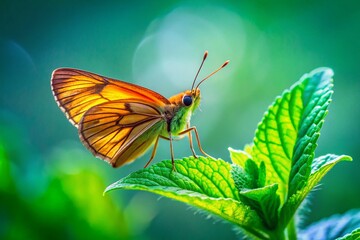 Fototapeta premium Grass Dart Butterfly on Mint Leaf - Close-up Stock Photo