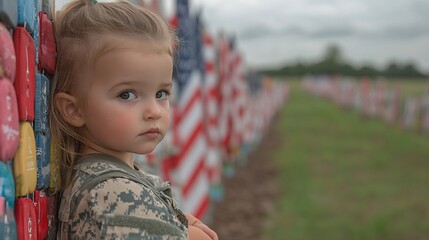 Toddler girl in camouflage leans against memorial stones and flags.