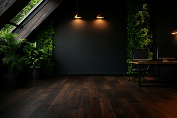 modern office interior featuring dark wood flooring, lush green plants, and stylish lighting. space is designed for productivity and comfort, with minimalist aesthetic