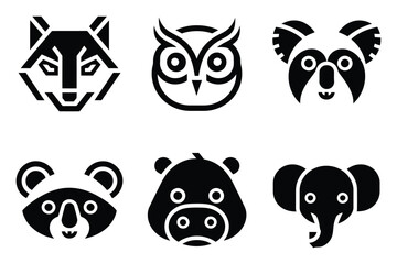 Minimalist Black Silhouette Animal Face Vector Icons - Wolf, Owl, Koala, Raccoon, Hippo, Baby Elephant - World Wildlife Day Designs