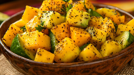 A vibrant bowl of diced mango and cucumber seasoned with black pepper.