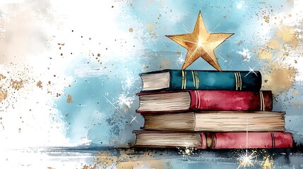 Global Literature Exploration, World Book Day Watercolor Painting of Stacked Books in Spiral Arrangement with Star on Top against Artistic Background