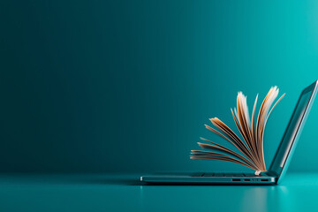 open book is emerging from laptop, symbolizing knowledge and technology. This creative concept blends digital and traditional learning methods seamlessly