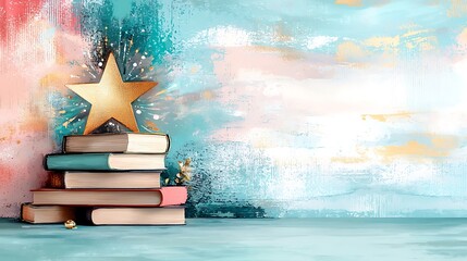 Global Literature Exploration, World Book Day Colorful Watercolor Painting of Stacked Books in a Spiral Formation with a Star and Whimsical Background