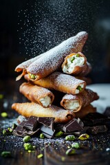 A stack of golden cannoli filled with ricotta cream and garnished with pistachios, dusted with powdered sugar, surrounded by dark chocolate pieces and scattered pistachios on a rustic wooden table