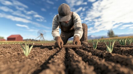 A farmer kneels in a field, planting seeds in neat rows under a bright blue sky, surrounded by green sprouts and rustic farm buildings.