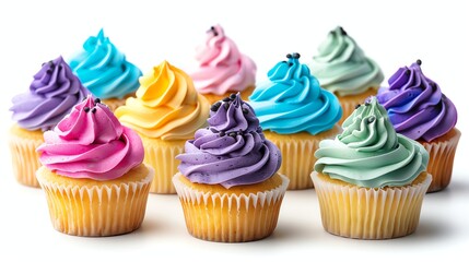 A row of colorful cupcakes with swirl frosting and sprinkles.