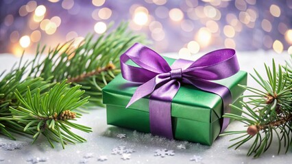 Green Gift Box with Silver Ribbon & Purple Pine Needles - Festive Holiday Flat Lay