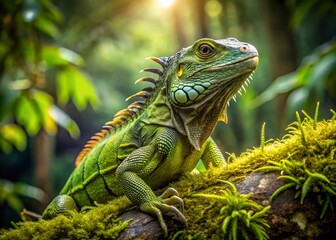 Obraz premium Green Iguana Perched on Branch, Tropical Rainforest Reptile, Vivid Green Scales, Exotic Wildlife Photography