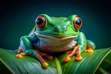 Green Tree Frog Portrait, Low Light Photography, Amphibian,  Isolated on Green Background