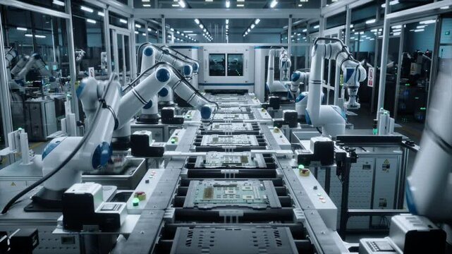 Timelapse of an Electronics Manufacture with Industrial Robots Producing Circuit Boards in a High-Tech Automated Factory. Advanced Facility Building Microelectronics Components with Robotic Arms