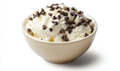 Cold delicious bowl of ice cream with chocolate chips against white background