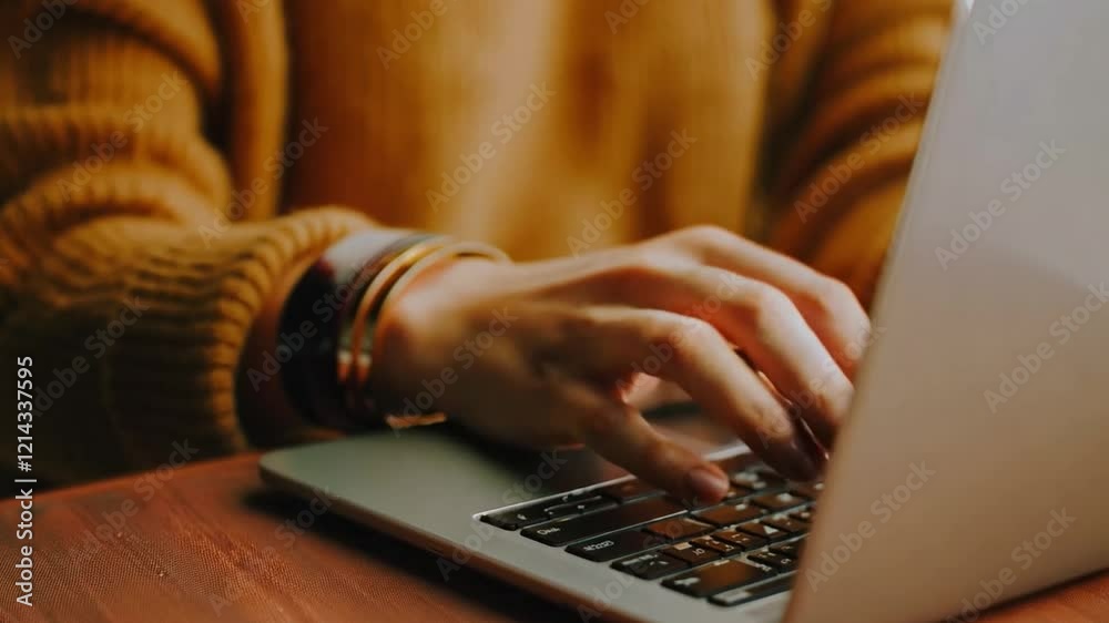 Poster this someone is typing on a laptop with focused attention in a warm, inviting space.