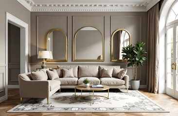 Mocha Mousse Color, Neoclassical Interior, Living Room. Living room in Mocha Mousse color with a neoclassical style. Features a beige sofa and armchair, arched gold mirrors and plant