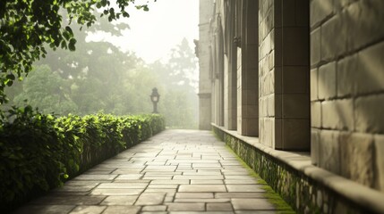 Sunlit stone path beside a misty green hedge and old building.
